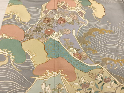 平和屋着物●訪問着　駒刺繍　浜松草花文　金彩　正絹　逸品　AABJ3983ph