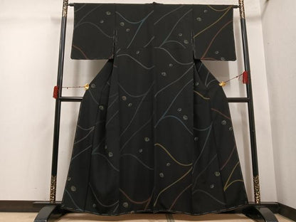平和屋着物●上質な小紋　貝合わせ花文　黒地　正絹　逸品　未使用　AABJ3986ph