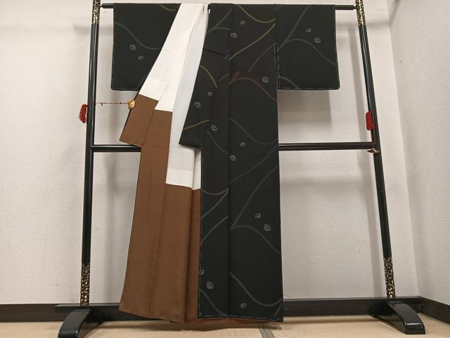 平和屋着物●上質な小紋　貝合わせ花文　黒地　正絹　逸品　未使用　AABJ3986ph