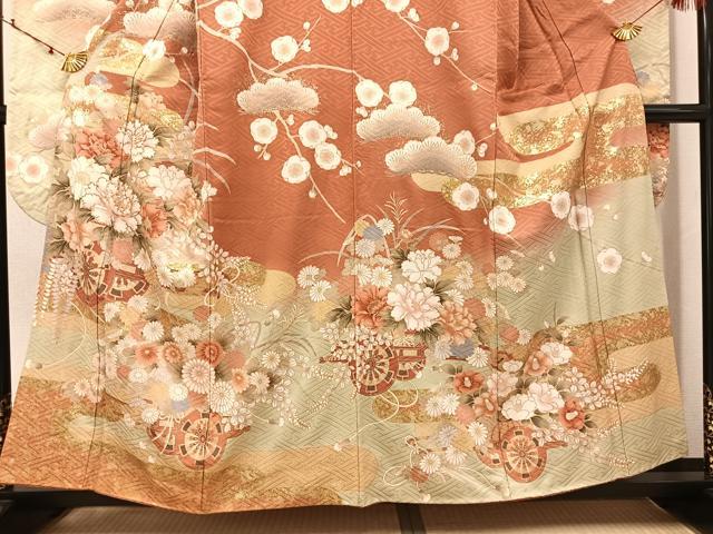 平和屋着物●豪華振袖　駒刺繍　花車文　金彩　正絹　逸品　AABJ3988ph