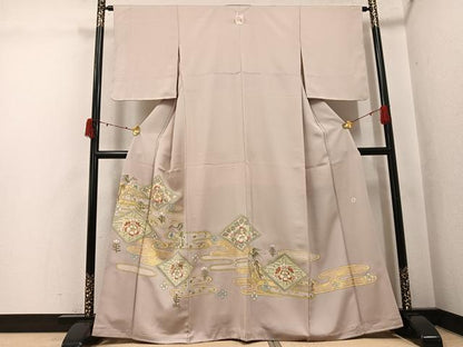 平和屋着物●京友禅作家　米沢新之助　色留袖　駒刺繍　エ霞花鳥菱文　花喰い鳥　金彩　正絹　逸品　未使用　AABJ3996ph