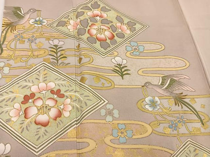 平和屋着物●京友禅作家　米沢新之助　色留袖　駒刺繍　エ霞花鳥菱文　花喰い鳥　金彩　正絹　逸品　未使用　AABJ3996ph