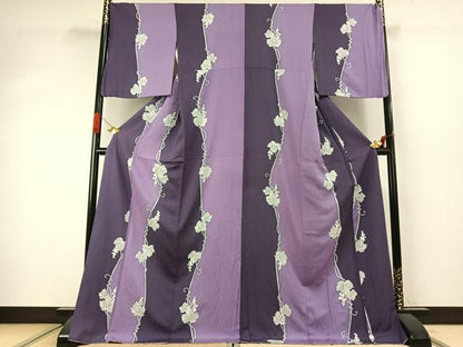 平和屋着物●上質な小紋　葡萄蔦の葉文　銀彩　ロング丈　正絹　逸品　AABJ4007fy