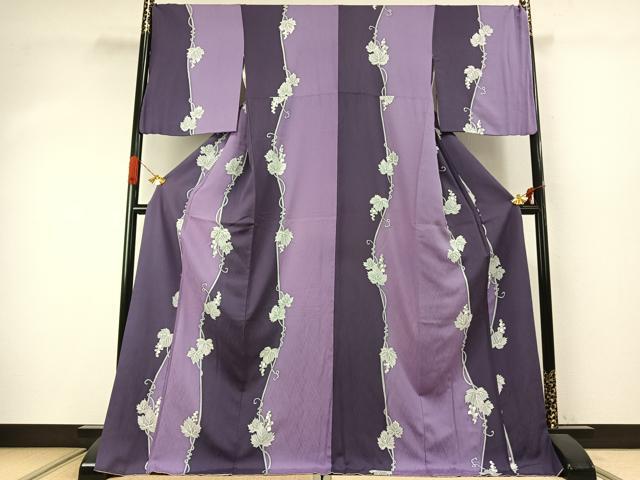 平和屋着物●上質な小紋　葡萄蔦の葉文　銀彩　ロング丈　正絹　逸品　AABJ4007fy