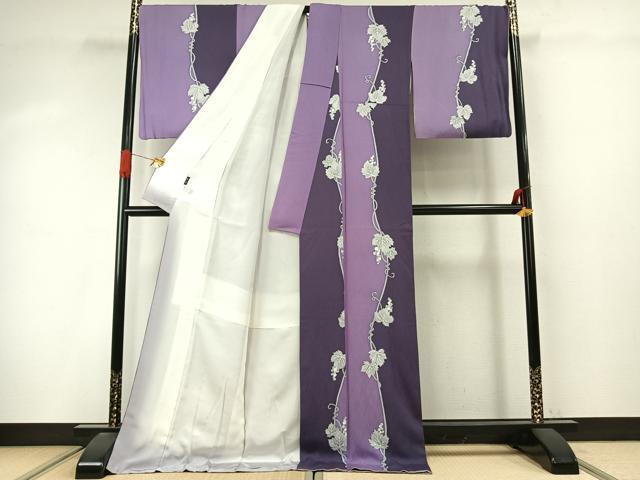 平和屋着物●上質な小紋　葡萄蔦の葉文　銀彩　ロング丈　正絹　逸品　AABJ4007fy