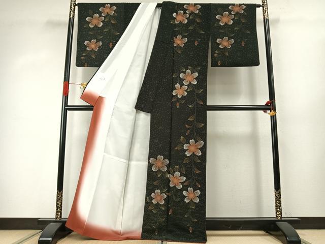 平和屋着物●撫松庵　小紋　草花文　黒地　洗える着物　AABJ4014fy