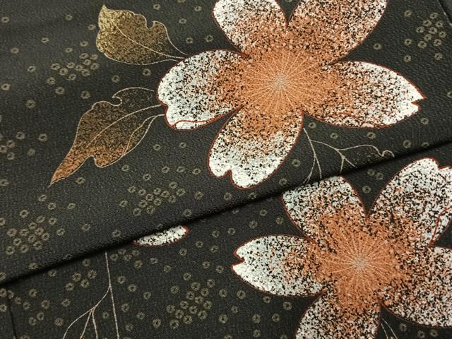 平和屋着物●撫松庵　小紋　草花文　黒地　洗える着物　AABJ4014fy