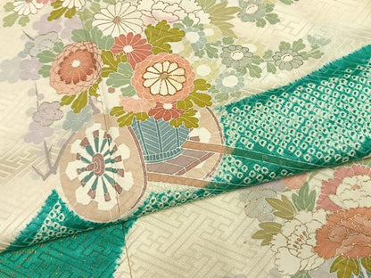 平和屋着物●訪問着　駒刺繍　絞り　草花文　金彩　高島屋扱い　正絹　逸品　AABJ4018fy
