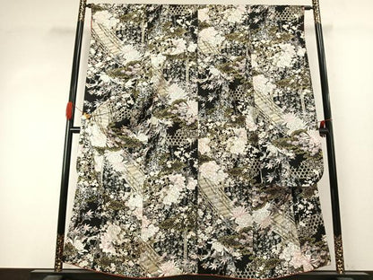 平和屋着物●豪華振袖　草花文　黒地　金彩　正絹　逸品　AABJ4021fy