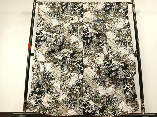 平和屋着物●豪華振袖　草花文　黒地　金彩　正絹　逸品　AABJ4021fy