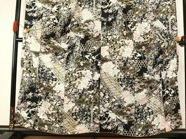 平和屋着物●豪華振袖　草花文　黒地　金彩　正絹　逸品　AABJ4021fy
