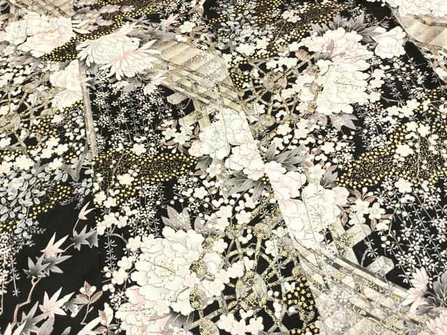 平和屋着物●豪華振袖　草花文　黒地　金彩　正絹　逸品　AABJ4021fy
