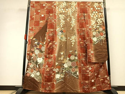 平和屋着物●豪華振袖　駒刺繍　草花文　金彩　正絹　逸品　AABJ4022fy