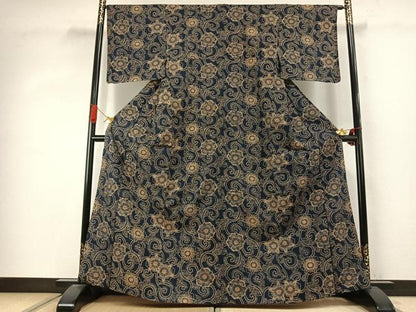 平和屋着物●上質な小紋　紬地　型染め　花唐草文　正絹　逸品　AABJ4024fy