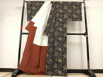 平和屋着物●上質な小紋　紬地　型染め　花唐草文　正絹　逸品　AABJ4024fy