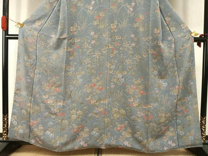 平和屋着物●訪問着　草花文　鬼しぼ縮緬　正絹　逸品　AABJ4030fy