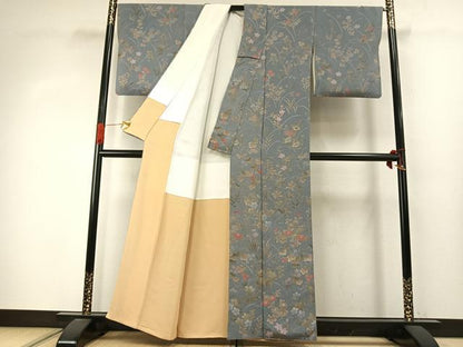 平和屋着物●訪問着　草花文　鬼しぼ縮緬　正絹　逸品　AABJ4030fy
