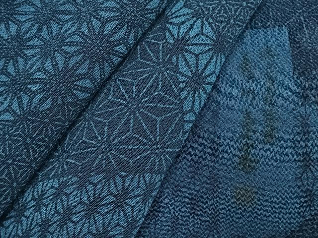 平和屋着物●阿波藍染　阿波友禅　徳島県無形文化財保持者　香川卓美　小紋　切嵌麻の葉文様　鬼しぼ縮緬　正絹　逸品　AABJ4042fy