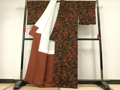 平和屋着物●上質な小紋　更紗花文　鬼しぼ縮緬　正絹　逸品　未使用　AABJ4043fy
