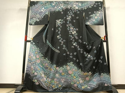 平和屋着物●訪問着　辻が花　暈し染め　黒地　金彩　正絹　逸品　AABJ4044fy