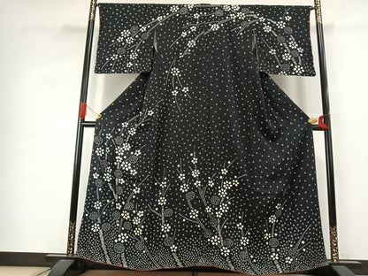 平和屋着物●訪問着　総絞り　草花文　黒地　正絹　逸品　AABJ4047fy