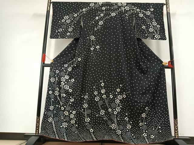 平和屋着物●訪問着　総絞り　草花文　黒地　正絹　逸品　AABJ4047fy