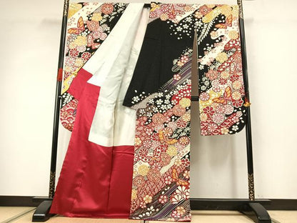 平和屋着物●豪華振袖　駒刺繍　絞り　花蝶文　黒地　金彩　銀通し地　正絹　逸品　AABJ4054fy