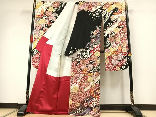 平和屋着物●豪華振袖　駒刺繍　絞り　花蝶文　黒地　金彩　銀通し地　正絹　逸品　AABJ4054fy