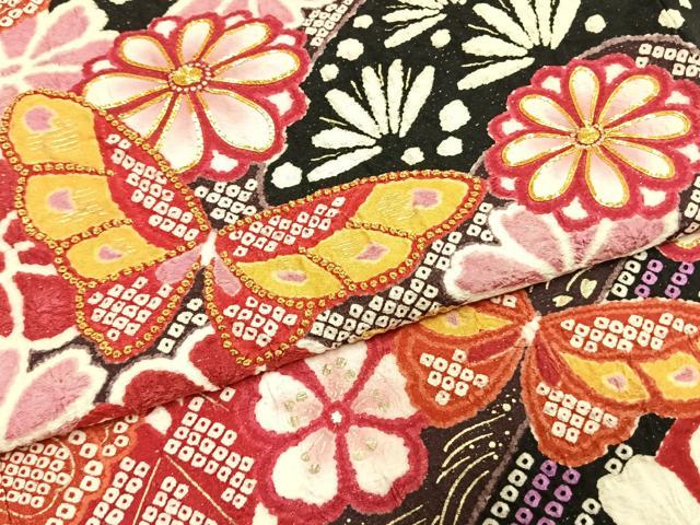 平和屋着物●豪華振袖　駒刺繍　絞り　花蝶文　黒地　金彩　銀通し地　正絹　逸品　AABJ4054fy