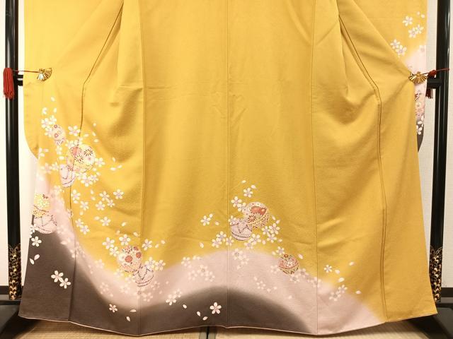 平和屋着物●豪華振袖　駒刺繍　毬　舞桜文　暈し染め　金彩　京都きもの友禅扱い　正絹　逸品　AABJ4058fy