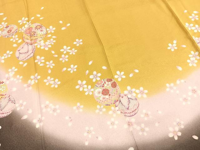平和屋着物●豪華振袖　駒刺繍　毬　舞桜文　暈し染め　金彩　京都きもの友禅扱い　正絹　逸品　AABJ4058fy