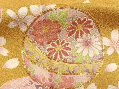 平和屋着物●豪華振袖　駒刺繍　毬　舞桜文　暈し染め　金彩　京都きもの友禅扱い　正絹　逸品　AABJ4058fy