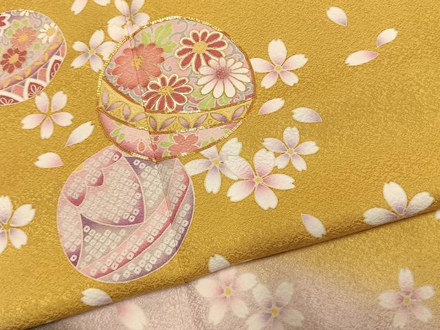 平和屋着物●豪華振袖　駒刺繍　毬　舞桜文　暈し染め　金彩　京都きもの友禅扱い　正絹　逸品　AABJ4058fy