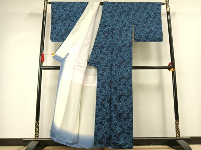 平和屋着物●上質な小紋　藍　型染め　草花文　正絹　逸品　未使用　AABJ4061fy