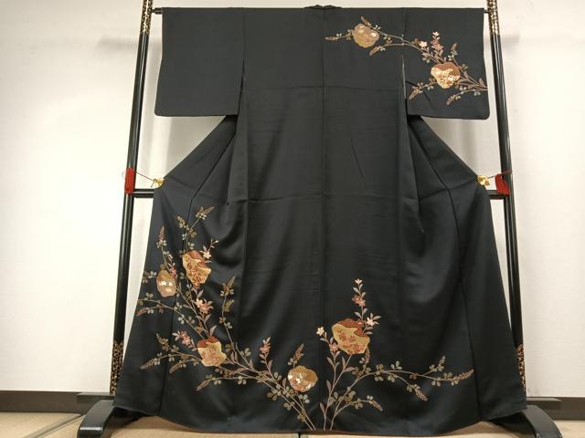 平和屋着物●訪問着　刺繍　草花文　黒地　金彩　正絹　逸品　未使用　AABJ4077fy