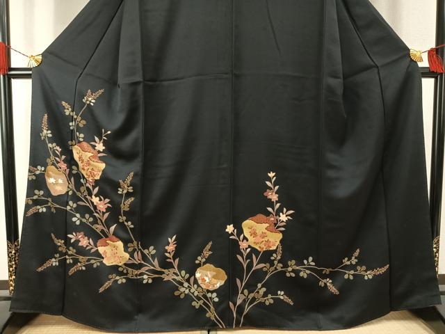 平和屋着物●訪問着　刺繍　草花文　黒地　金彩　正絹　逸品　未使用　AABJ4077fy