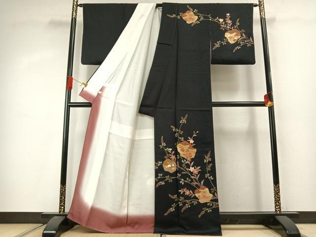 平和屋着物●訪問着　刺繍　草花文　黒地　金彩　正絹　逸品　未使用　AABJ4077fy
