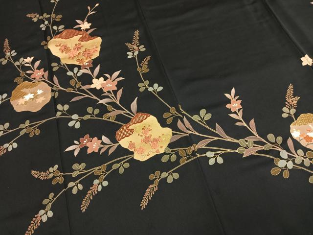 平和屋着物●訪問着　刺繍　草花文　黒地　金彩　正絹　逸品　未使用　AABJ4077fy