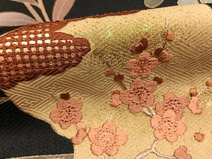 平和屋着物●訪問着　刺繍　草花文　黒地　金彩　正絹　逸品　未使用　AABJ4077fy