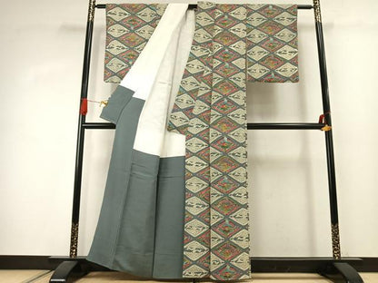 平和屋着物●上質な小紋　型染め　双鶴菱　鬼しぼ縮緬　正絹　逸品　AABJ4080fy