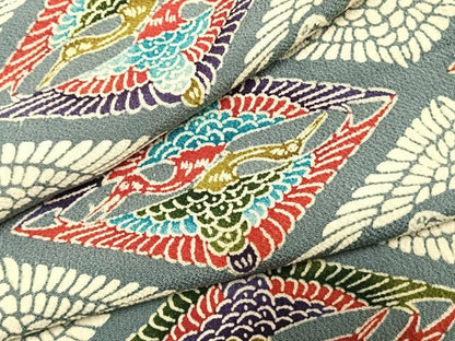 平和屋着物●上質な小紋　型染め　双鶴菱　鬼しぼ縮緬　正絹　逸品　AABJ4080fy