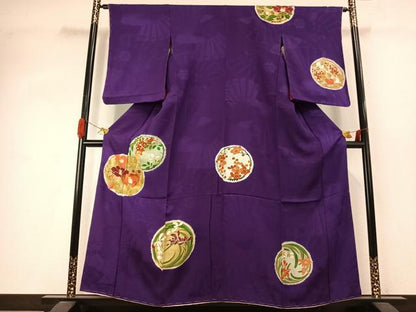 平和屋着物●アンティーク　大正ロマン　訪問着　駒刺繍　花丸文　金糸　金彩　正絹　逸品　AABJ4082fy