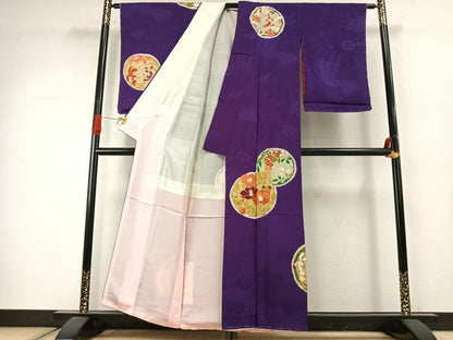 平和屋着物●アンティーク　大正ロマン　訪問着　駒刺繍　花丸文　金糸　金彩　正絹　逸品　AABJ4082fy
