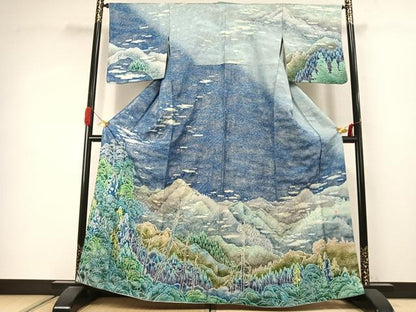 平和屋着物●荒川東海　訪問着　風景文　暈し染め　銀通し地　正絹　逸品　AABJ4087fy