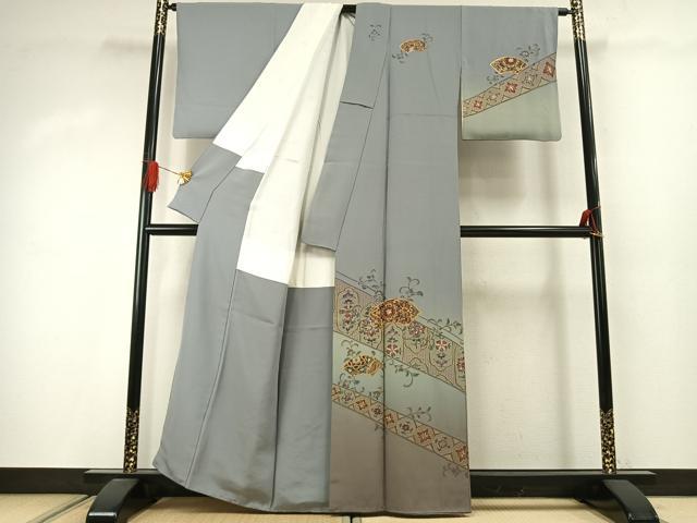 平和屋着物●訪問着　中国三大刺繍　汕頭刺繍　スワトウ刺繍　総刺繍　地紙花文　暈し染め　金糸　正絹　逸品　AABJ4094fy