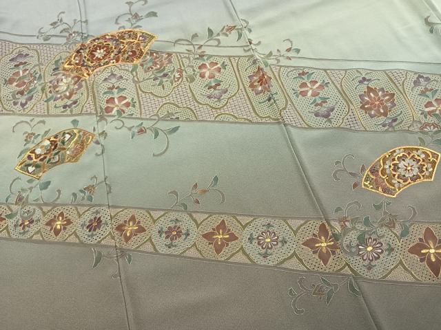 平和屋着物●訪問着　中国三大刺繍　汕頭刺繍　スワトウ刺繍　総刺繍　地紙花文　暈し染め　金糸　正絹　逸品　AABJ4094fy