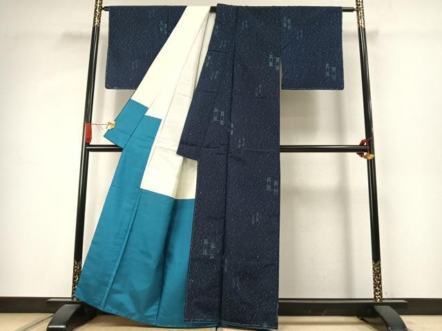 平和屋着物●上質な紬　藍　幾何学文様　正絹　逸品　AABJ4104fy