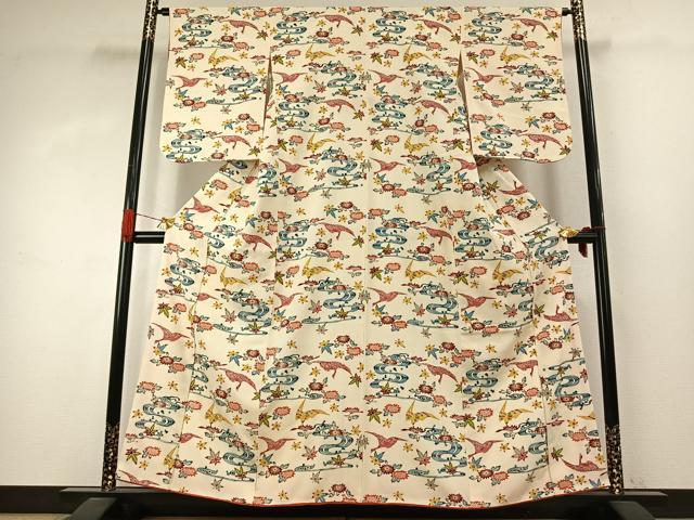 平和屋着物●上質な小紋　型染め　花鳥文　正絹　逸品　AABJ4123fy