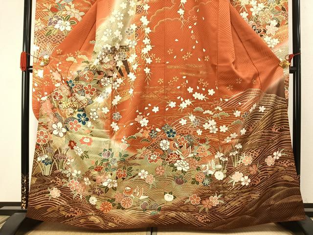 平和屋着物●豪華振袖　駒刺繍　花鳥文　暈し染め　金彩　正絹　逸品　AABJ4130fy