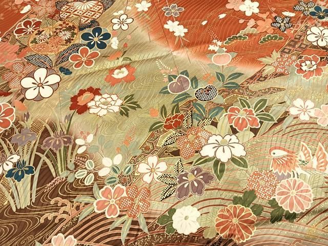 平和屋着物●豪華振袖　駒刺繍　花鳥文　暈し染め　金彩　正絹　逸品　AABJ4130fy
